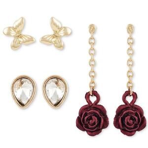 Guess Gold Tone Butterfly Rose Crystal Earrings(3 Piece Set)Womens Chic Teardrop
